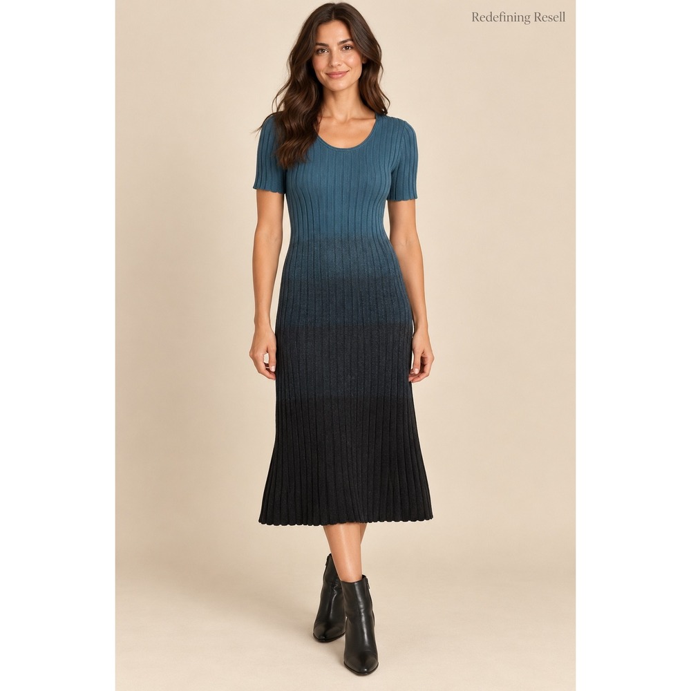Peruvian Connection Pima Cotton Ombre Ribbed Midi Dress Teal Black Small